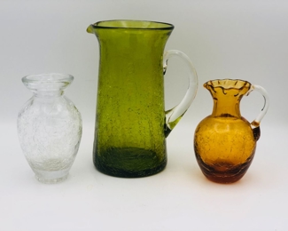 Clear crackle small bud vase
Green crackle pilgrim glass pitcher 
Amber crackle glass pitcher 