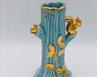 MCM century pottery egg blue bud vase souvenir chicago Illinois hand painted 22 k gold