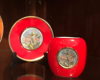 Japanese red Chokin vase & plate 24k