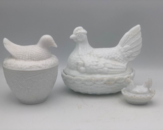 Milk glass Avon bird on nest 
Lg LE Smith hen on nest 
Mini hen on nest 