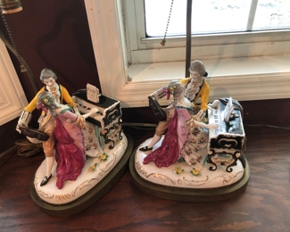 Vintage Dresden porcelain Victorian concert couple lamps