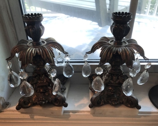 Vintage 1950’s ornate bronze , marble and crystal candle stick holders