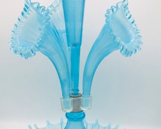 Fenton LG Wright epergne ice blue opalescent thread and ribbon 