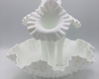 Fenton milk glass 3 horn hobnail epergne