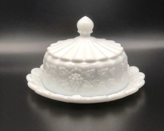 Westmoreland round milk glass paneled grape butter dish 