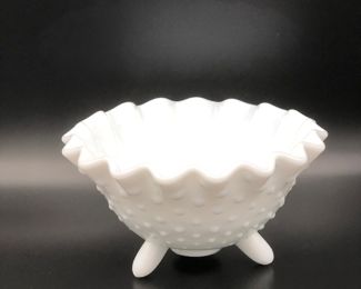 Vintage milk glass 3 toed hobnail candy dish