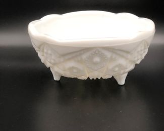 McKee milk glass press cut scallop edge toed bowl