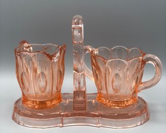 Pink depression glass cream and sugar with hand tray 