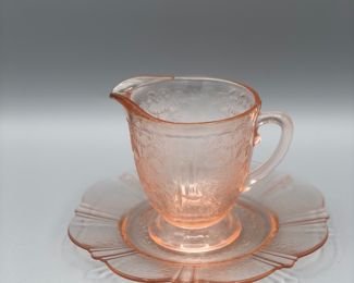 Pink depression glass plate and creamer