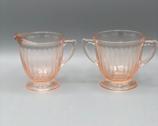 Vintage Macbeth Evans petal ware ribbed pink depression glass cream and sugar 