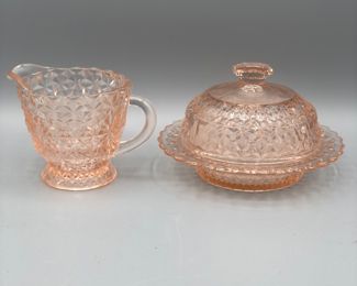 Pink depression glass holiday butter dish and creamer 
