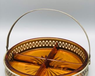 Vintage Viking amber sectioned tray in silver plated holder