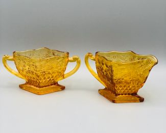 Pineapple diamond and floral Indiana glass cream and sugar 