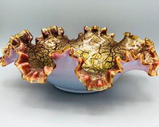 Iridescent crackle red and gold pearl glass ruffled bowl
