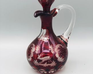 Vintage Egermann Czech Bohemian ruby red cut to clear crystal stag  cruet 