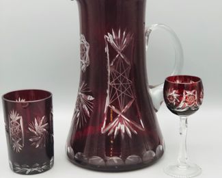Vintage Czech Bohemian ruby red cut to clear pitcher, 6 tumblers, 2 sherries 