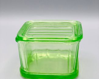 Vintage Green Uranium Glass Square Lidded Refrigerator Dish
