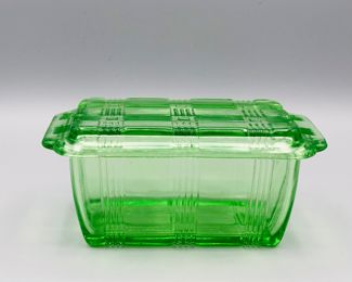 Vintage Hazel Atlas Uranium Glass Green Criss Cross Refrigerator Dish...