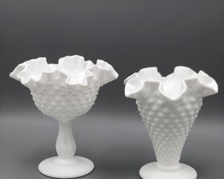 Fenton Milk glass 
Hobnail ruffled compote 
Hobnail ruffled bud vase