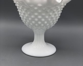 Vintage Fenton Milk Glass Hobnail Ripple Lip Bowl w/Grooved Pedestal Stem