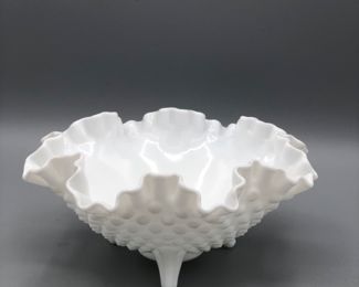 Fenton Hobnail White Milk Glass 3 Footed Ruffle Rim Candy Dish Bowl Vintage