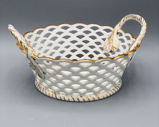  Andrea by Sadek Lattice Weave Two Handle Porcelain Basket White  and Gold