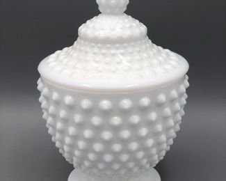 Fenton milk glass hobnail candy jar