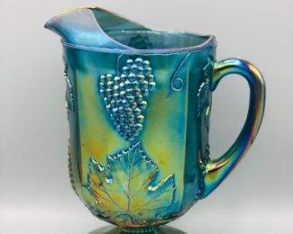 Vintage Electric Blue Purple Carnival Glass Pitcher Grape and Leaf Pattern