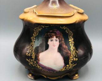 Fleur-de-Lys Biscuit Jar Lidded Victorian Lady Portrait Gold Detail  1940’s