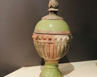Terra cotta green lidded urn