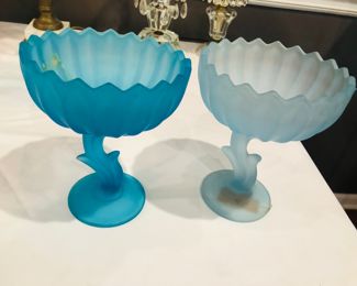 Indiana blue frosted satin pedestal bowls