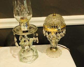 Antique American Cut Glass Table LAMP, Elegant Prisms, Etched Chimney 
Vintage Michelotti Holland Cut Glass 18 Crystal Boudoir Lamp 