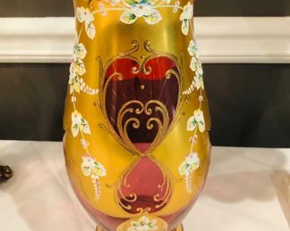 Bohemian Italian gilded gold cranberry glass with hand painted flowers