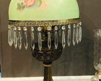 Hand painted shade and brass crystal laden parlor lamp