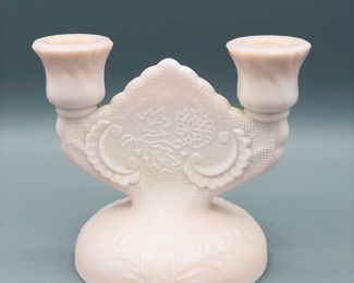 Jeannette rose pink shell milk glass double candle holder 