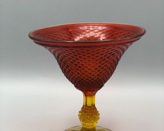 Vintage Jeanette Glass Amberina Diamond Point Pedestal Compote
