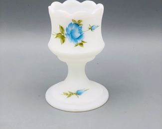 Fenton Art Glass Hand Painted Blue Rose & Rose Bud Milk Satin Footed Votive 
