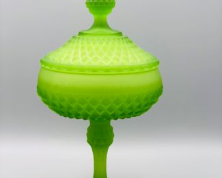 Vintage Indiana Glass Co - Diamond Point - Satin Green - Pedestal Lidded...Compote