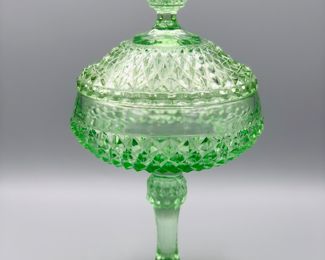 Vintage Indiana Glass Light Green Diamond Point Tall Pedestal Footed compote