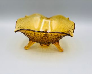 Three toed amber glass candy dish 