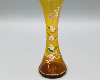 Hand Painted Bohemian Blown Glass Amber Vase with flowers and gold accents