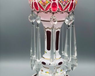 Czech Bohemian White Cut to Red Glass Hand Painted Mantel Luster