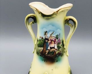 Austria Green Country Porcelain Double Handled Vase With Gold Trim...