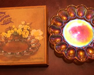 Indiana glass egg/relish dish carnival with box vintage 