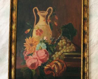 This painting is painted on an old board about 1/4 inch thick and framed.  The colors are vibrant. 