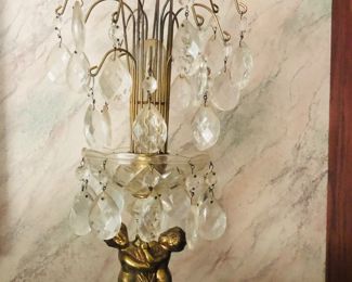 Vintage Crystal Glass Prisms Filigree Waterfall and Cherubs Brass Table Lamp 18"  Beautiful !!