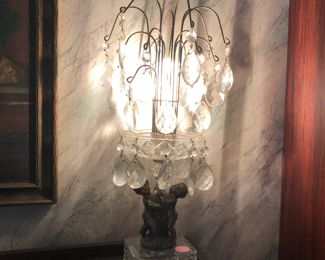 Vintage Crystal Glass Prisms Filigree Waterfall and Cherubs Brass Table Lamp 18"  Beautiful !!