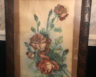 Beautiful rose artwork in an antique frame. Signed