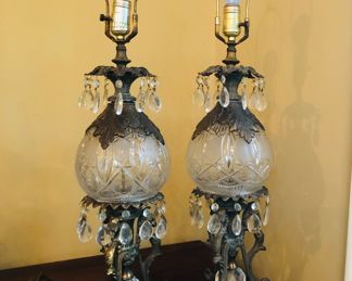 Very heavy pair of brass/crystal lamps