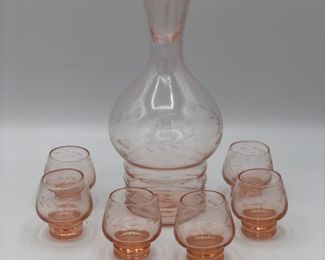 Vintage 1940’s French Apero decanter pink gradient art deco thin etched Crystal decanter set